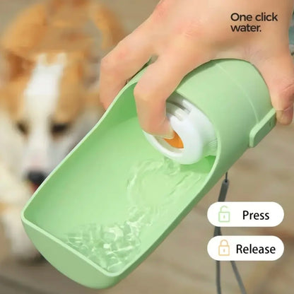 portable pet water bottle with food container, 2-in-1 foldable travel bowl for dogs and cats, one-click drinking and feeding