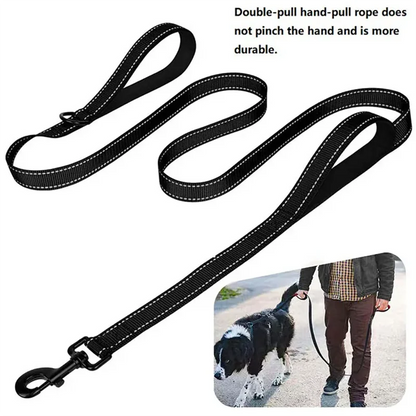 heavy duty double handle dog leash with reflective strips for night safety, durable no-pinch double pull design for large dogs