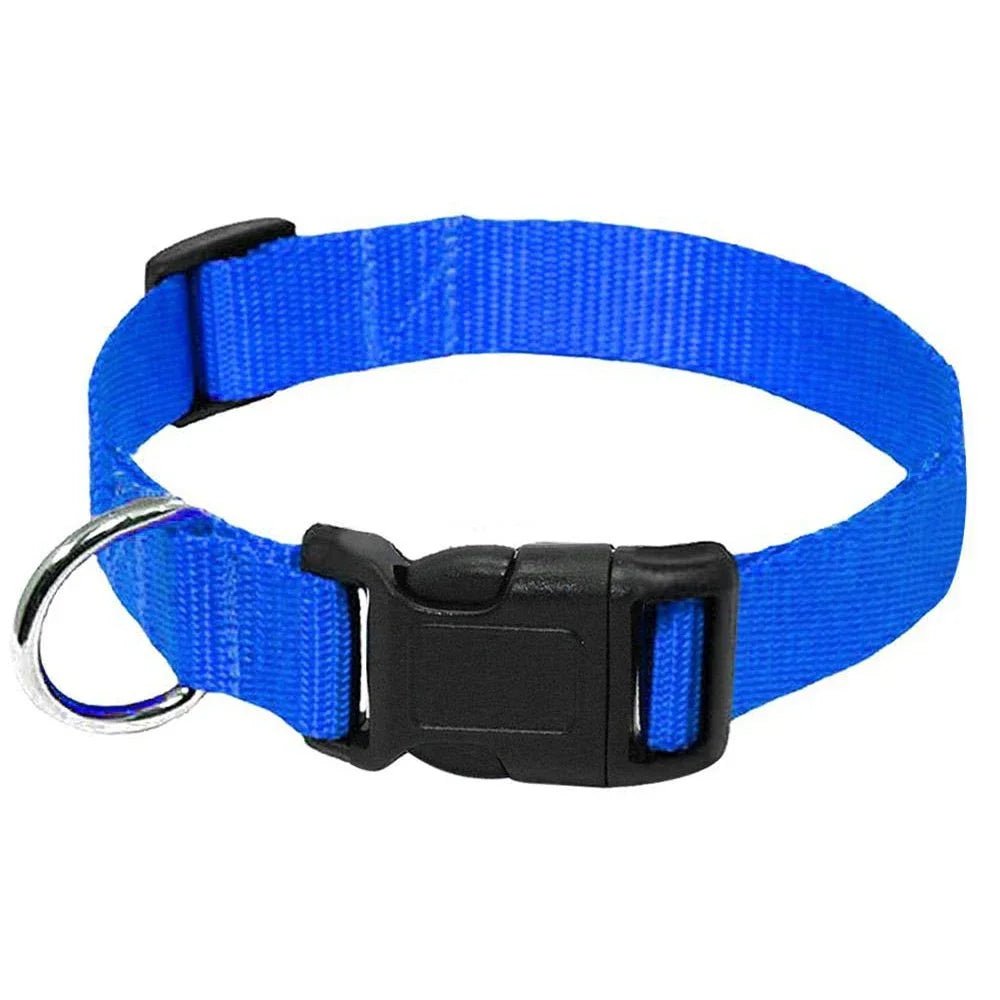Blue adjustable dog collar with D-ring, quick release buckle, durable nylon pet collar for dogs, goats, sheep, and horses