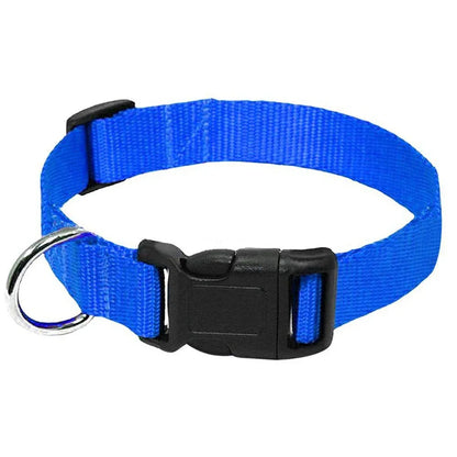 Blue adjustable dog collar with D-ring, quick release buckle, durable nylon pet collar for dogs, goats, sheep, and horses