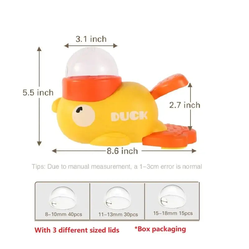 automatic cat treat dispenser yellow duck puzzle feeder with 3 lid sizes, 8.6 inch pet snack dispenser