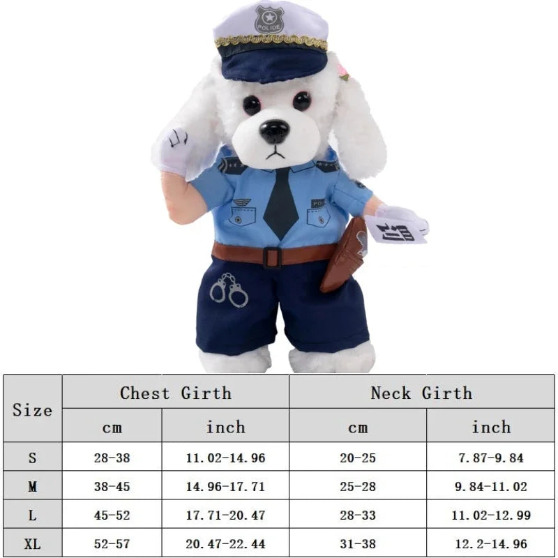 Cute dog wearing police officer costume with sizing chart for chest and neck girth.