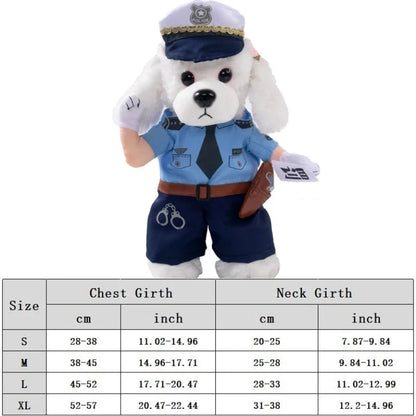 Cute dog wearing police officer costume with sizing chart for chest and neck girth.