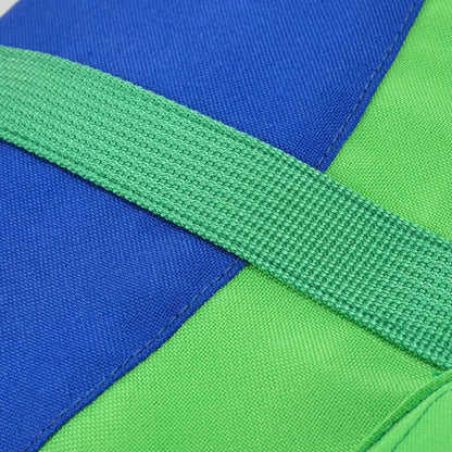 dog life jacket in blue and green polyester with adjustable strap for dog swimming safety in pool or surf