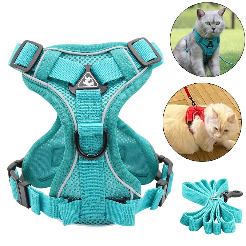 reflective cat harness and leash set, breathable turquoise vest harness for small cats and kittens, adjustable pet accessory