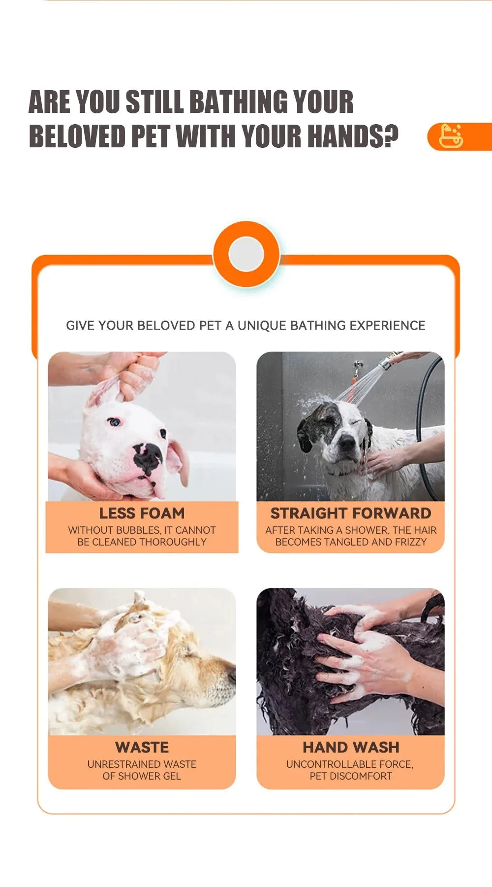 dog bathing brush with shampoo dispenser for gentle pet massage, easy shower grooming, and thorough dog and cat cleaning