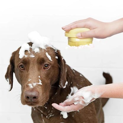 silicone dog bath massage gloves for dog washing and shampooing a brown dog with pet bath brush