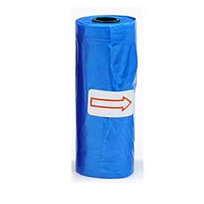Blue dog waste bag roll with arrow indicator on white background