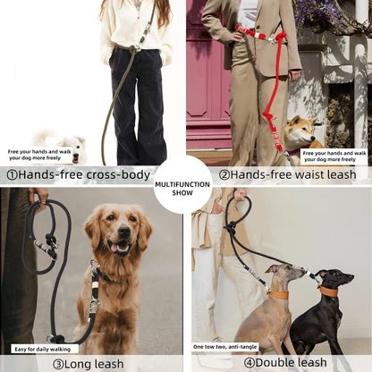 Hands free dog leash for medium and large dogs with multifunction cross-body, waist, long, and double leash options