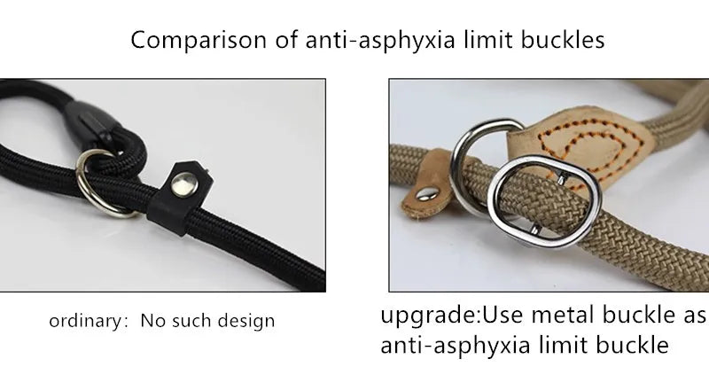 Comparison of anti-asphyxia limit buckles for dog leashes showing ordinary design vs. upgraded metal buckle.