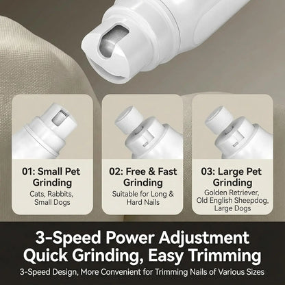 electric dog nail grinder with 3-speed adjustment, digital display, and grinding modes for small, medium, and large pets