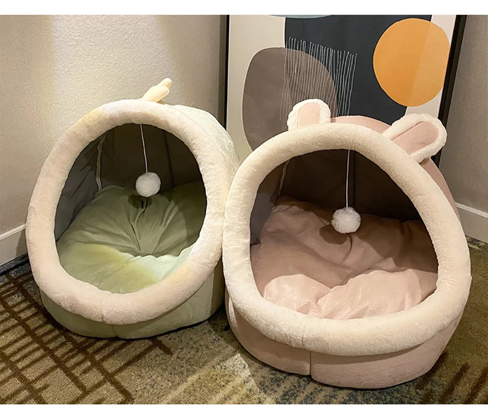 foldable washable cat bed cozy semi-closed pet cave with cute ears and pompom for cats and small dogs