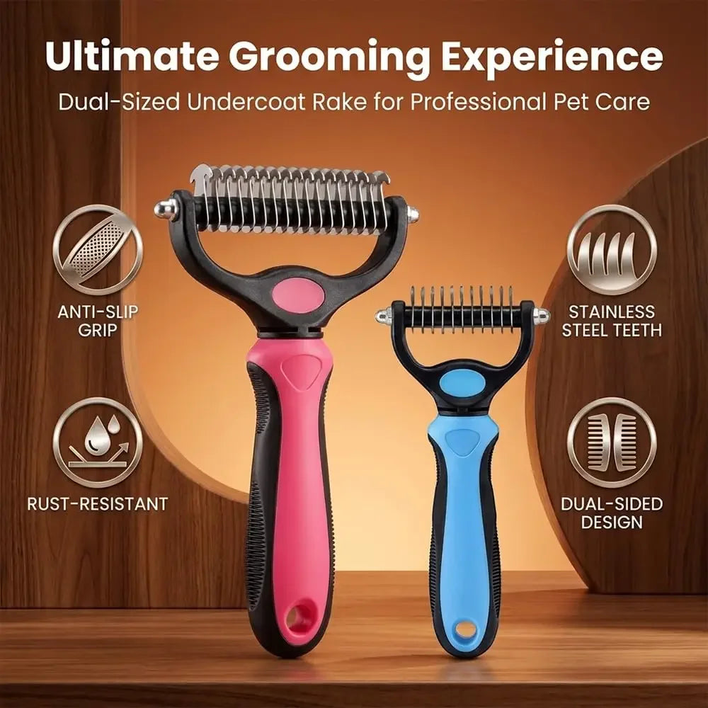 pet deshedding brush dual-sided undercoat rake with stainless steel teeth for professional dog and cat grooming