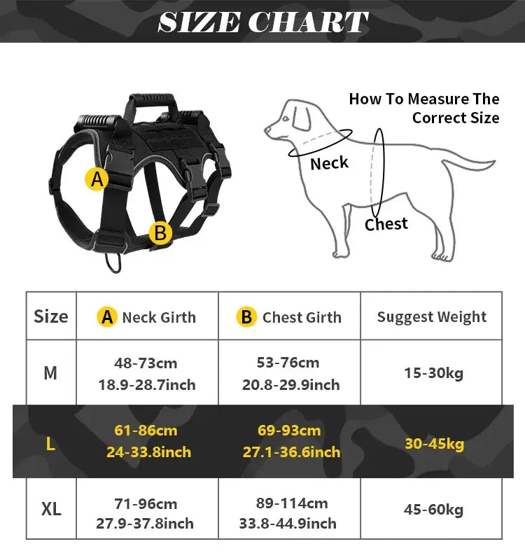 tactical dog harness size chart showing neck and chest measurements for proper fit