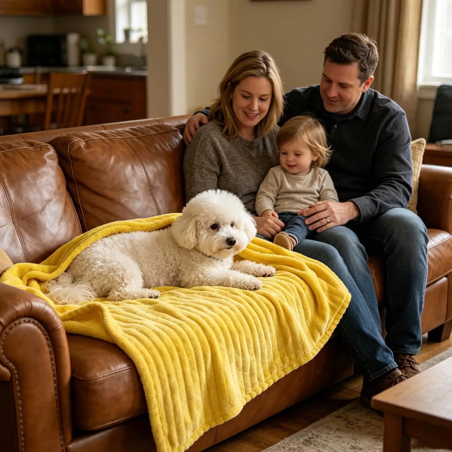 washable pet blanket on leather sofa protecting furniture while keeping dog warm and comfortable