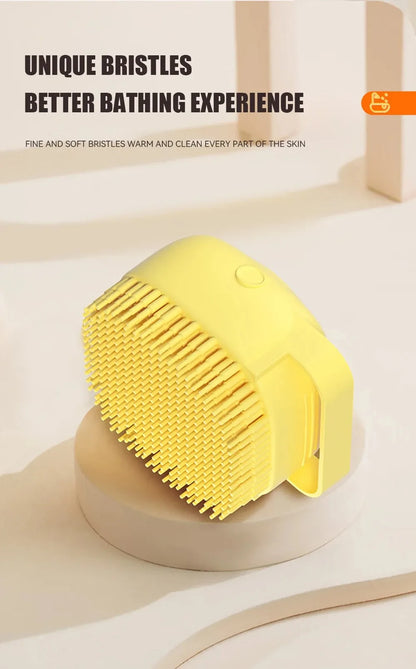 dog bathing brush with shampoo dispenser yellow rubber bristle grooming brush for dogs and cats for better bathing experience