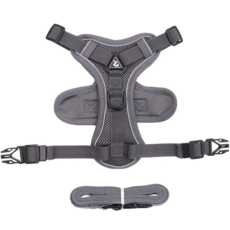 Gray reflective cat harness and leash set, breathable padded mesh vest for small dogs and cats, CN ships from