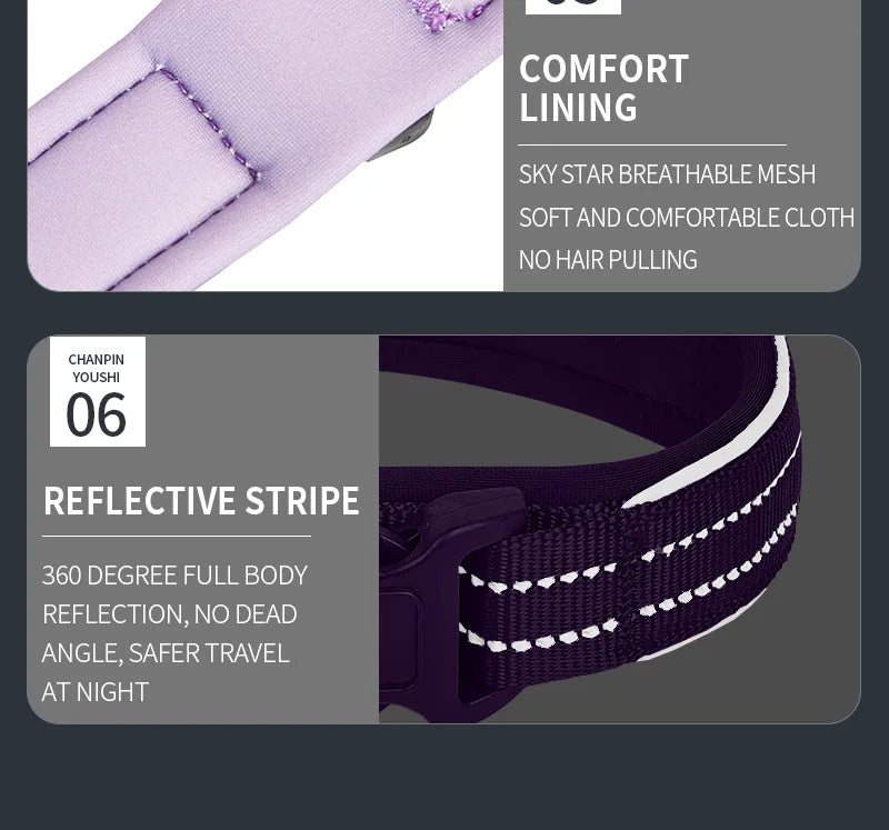 Close-up of a purple dog collar with reflective stripe and soft comfort lining.