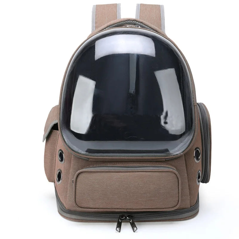 Khaki cat carrier backpack with transparent bubble window, breathable nylon, zipper closure, for cats and small dogs