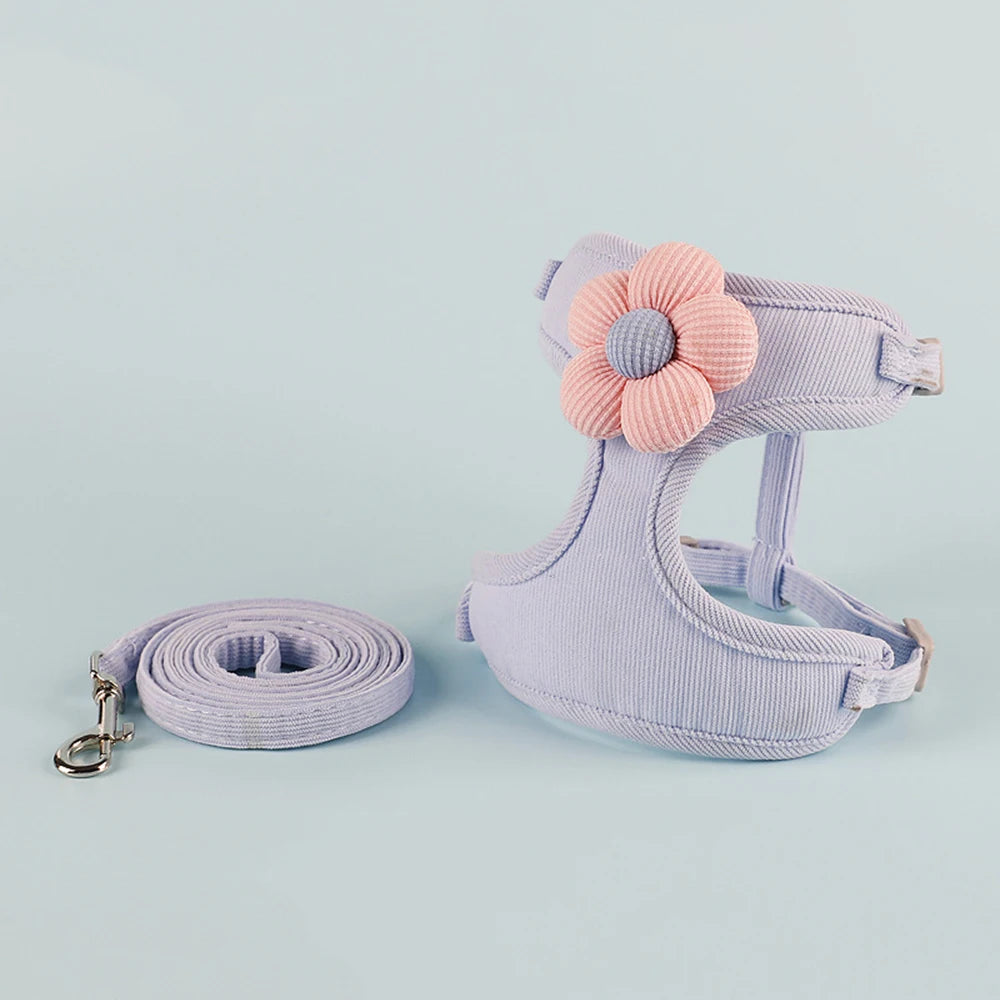 adjustable small dog harness and leash set blue flower pet traction accessories breathable puppy harness