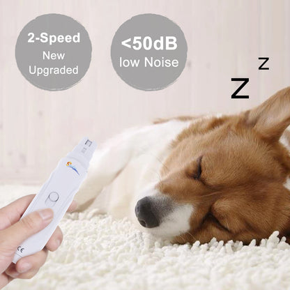 usb rechargeable dog nail grinder for quiet 2-speed painless trimming, shown near sleeping dog
