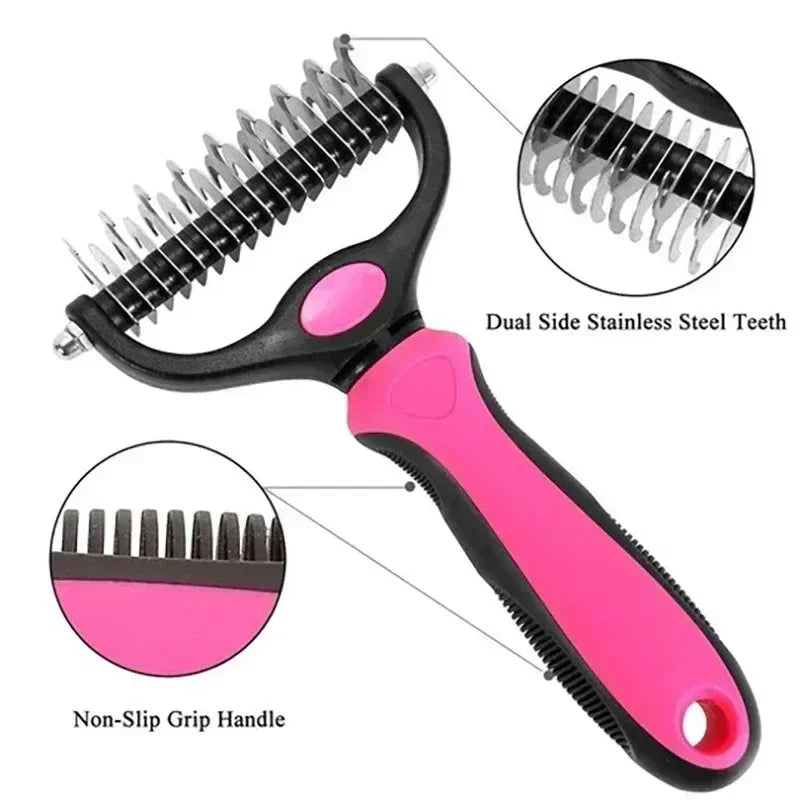 self cleaning pet deshedding brush dual side stainless steel teeth cat comb with non-slip grip handle for grooming