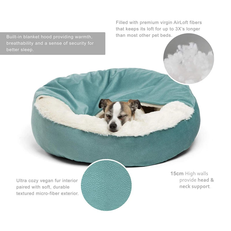 orthopedic dog bed with warm hooded blanket, plush support, and high walls for indoor pet comfort