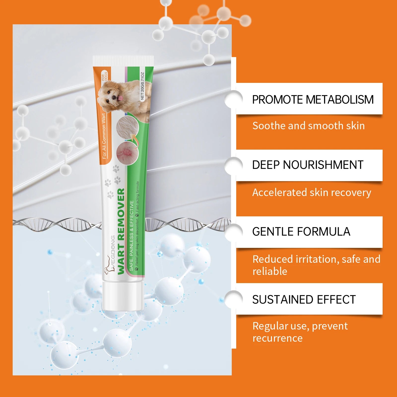 Dog wart remover ointment tube with pet image, molecular graphics, and product benefits text.