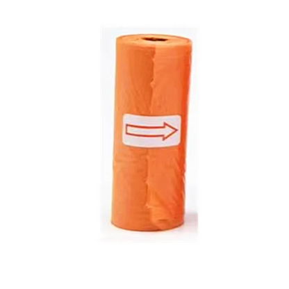 Orange dog waste bag roll with arrow label, pet cleanup accessory