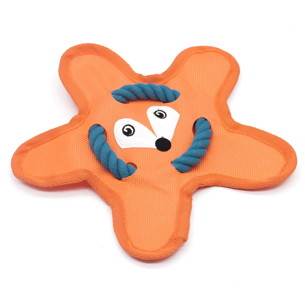 Orange star-shaped dog toy with fox face design and blue rope details, pet chew accessory