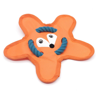 Orange star-shaped dog toy with fox face design and blue rope details, pet chew accessory