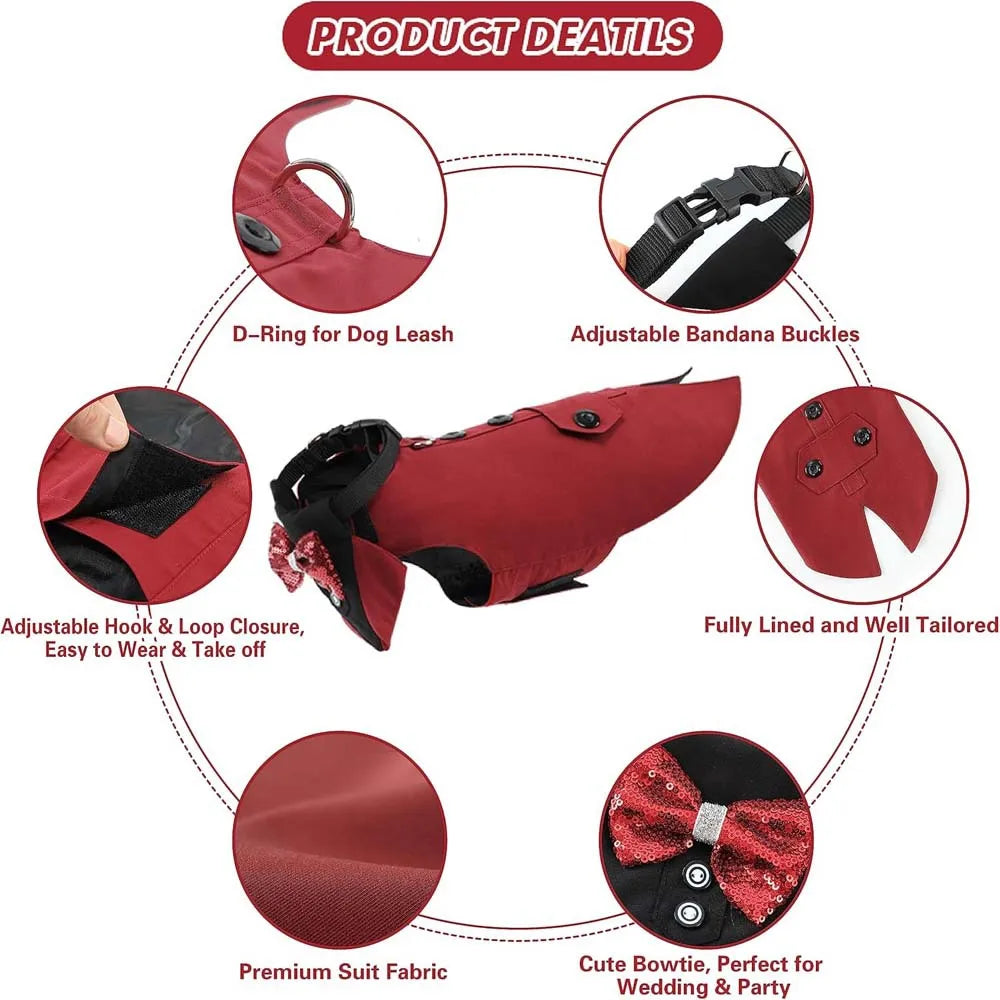 Pet tuxedo outfit for dogs with bow tie, leash D-ring, adjustable bandana buckles, and premium suit fabric
