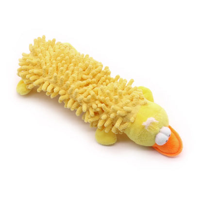 Yellow squeaky plush dog chew toy with mop fur shell, duck shape, soft bite-resistant toy for puppy training and dental grinding