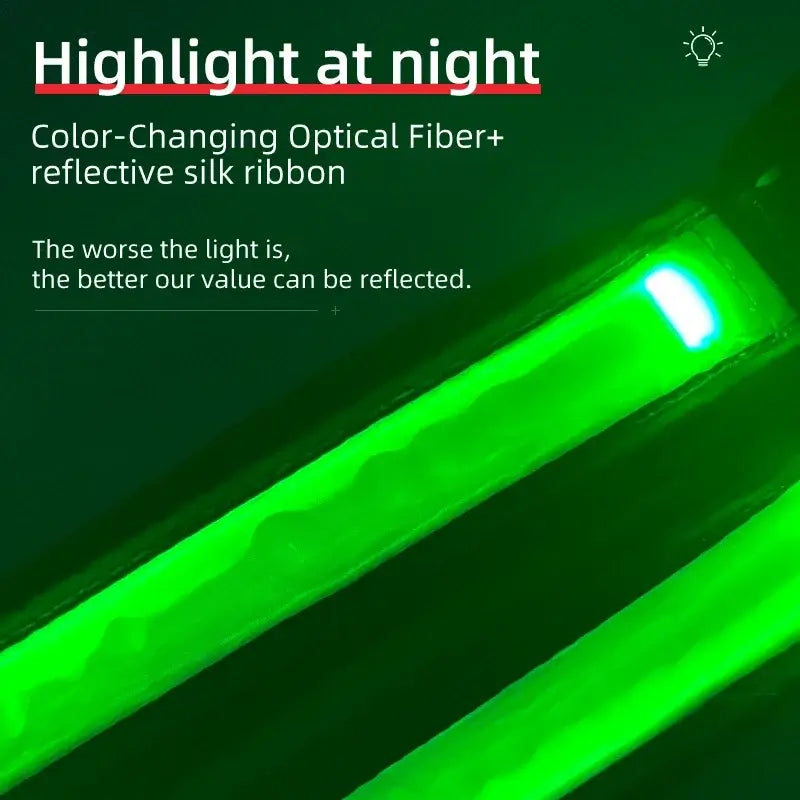 LED dog harness glowing green at night with reflective fiber strips for pet safety and visibility