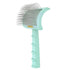 Light blue dog grooming brush with long metal bristles and ergonomic handle