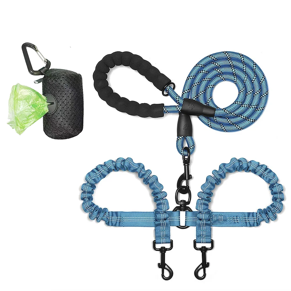Pet Dog Leashes Walk 2 Two Dogs Nylon Leash Coupler Double Ropes Twin Leads Walking Dog with Poop Bag Multi Leashes 1.5+0.5M