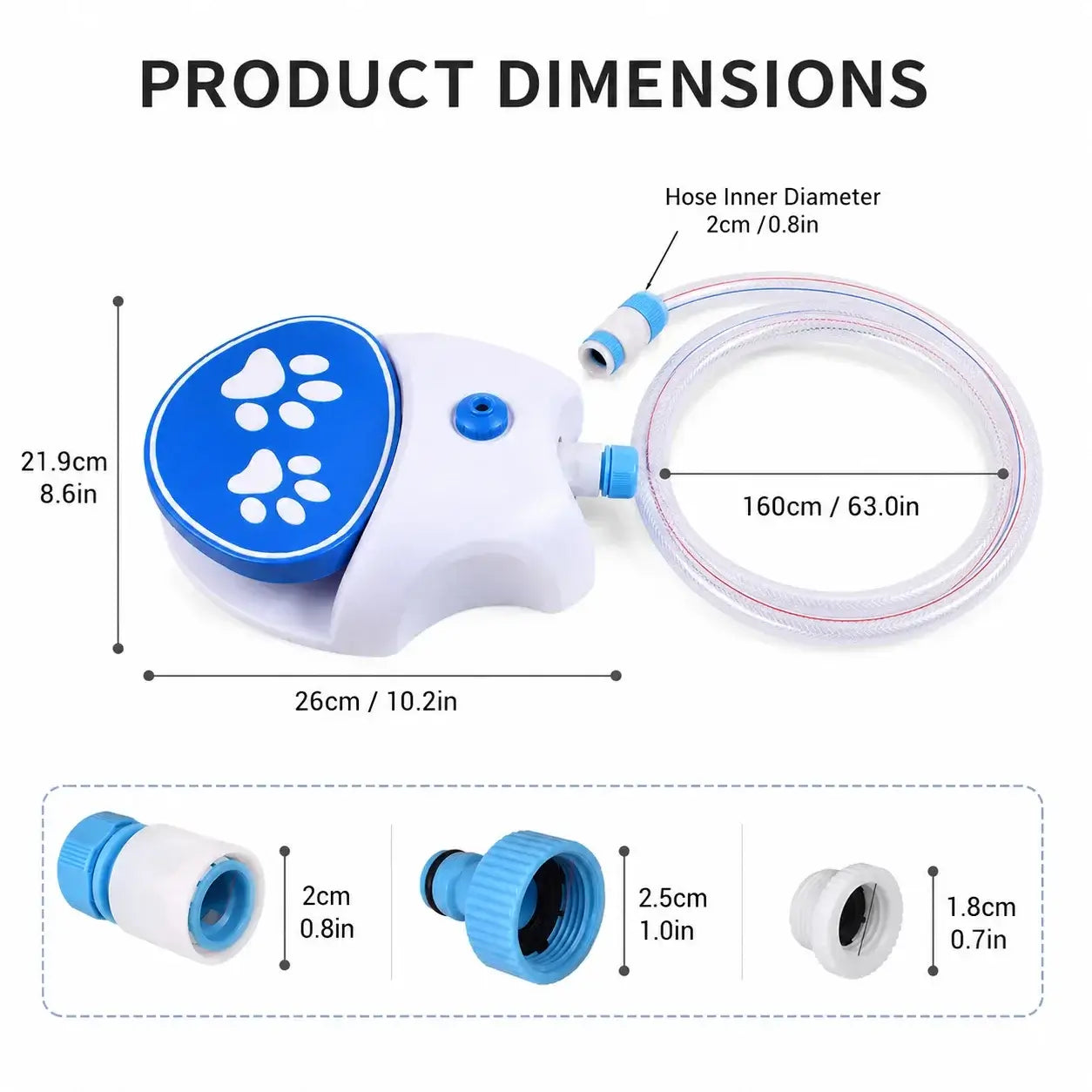 step-on dog water fountain product dimensions with hose, nozzle, and outdoor pet sprinkler set