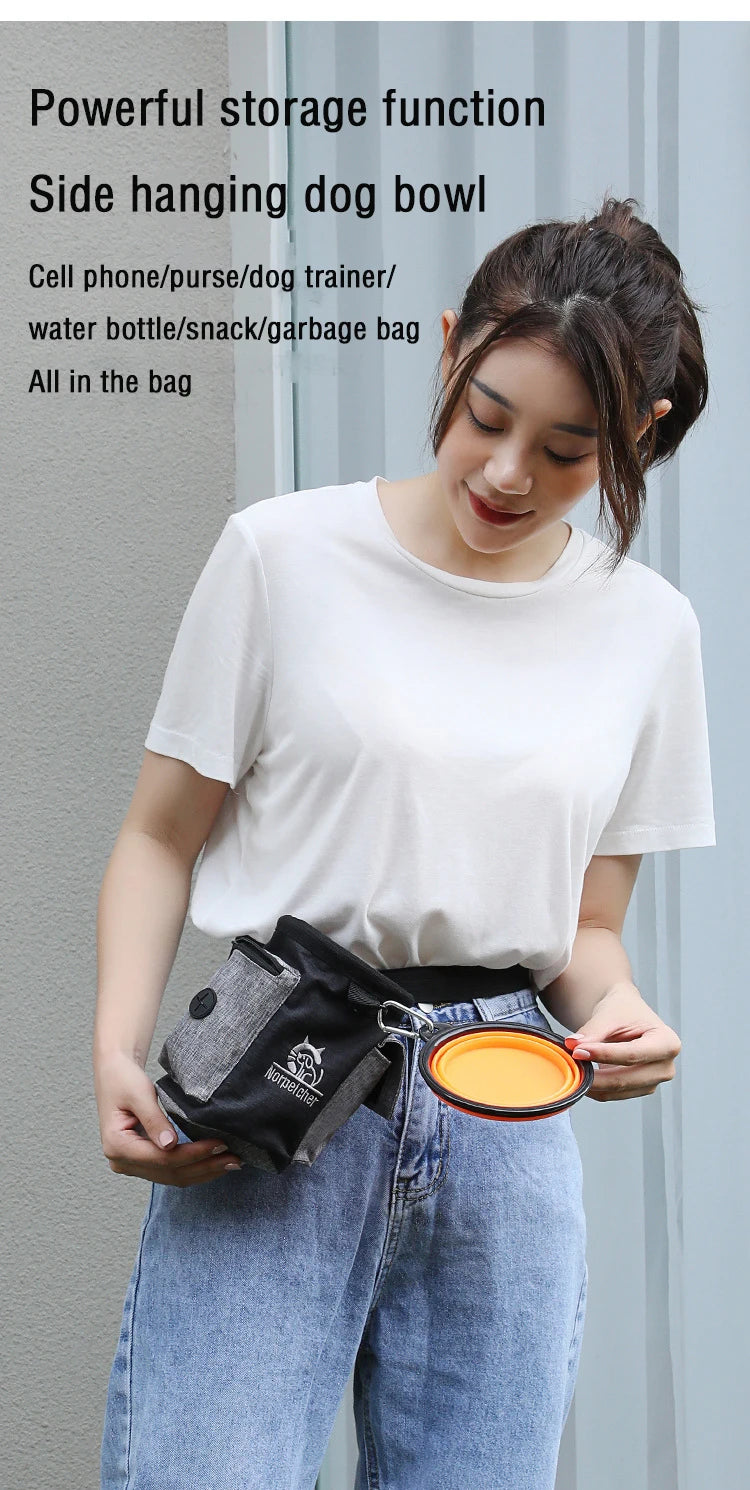 Woman wearing a dog walking pouch with attached collapsible dog bowl and storage pockets.