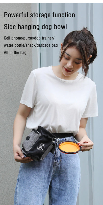 Woman wearing a dog walking pouch with attached collapsible dog bowl and storage pockets.