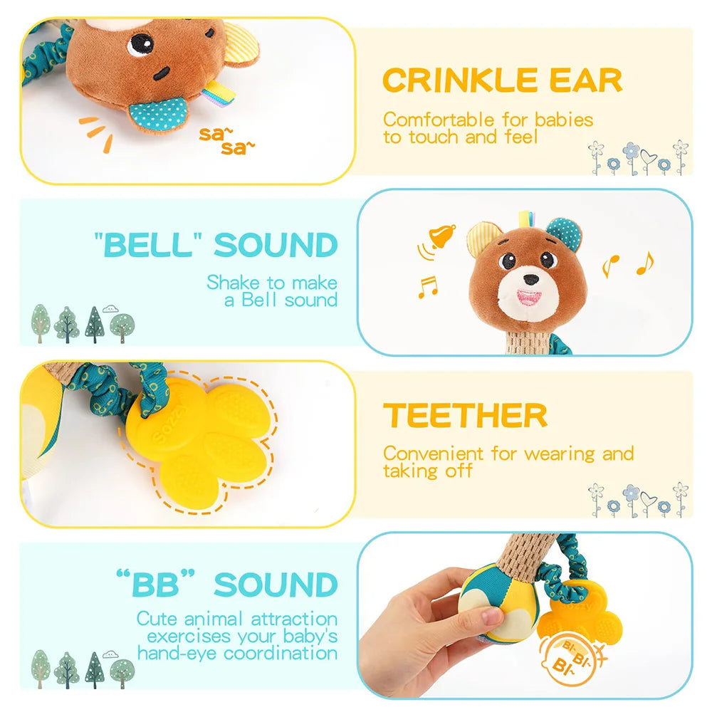 soft baby rattle toy with crinkle ear, bell sound, teether, and BB sound for sensory play
