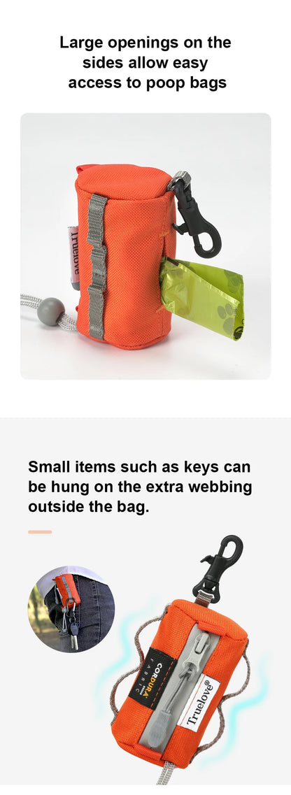 dog poop bag holder with carabiner, orange adjustable nylon dispenser with large openings and extra webbing for keys