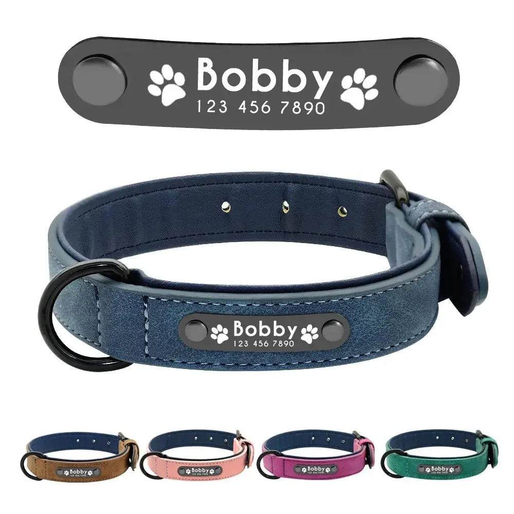 Personalized leather dog collar with custom name ID tag for small to large dogs, durable engraved pet collar