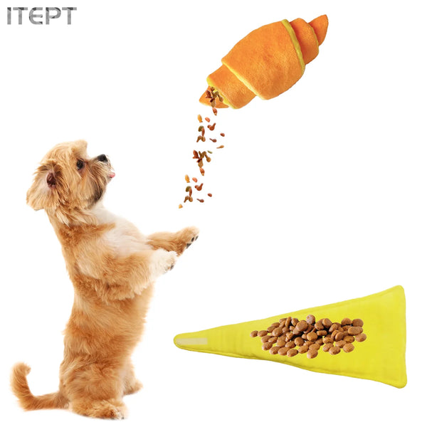 Small dog with squeaky treat dispensing dog toy croissant plush pet toy for interactive play and training