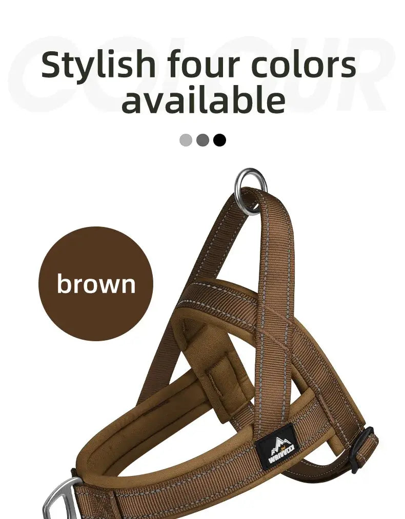 escape-proof tactical dog harness in brown, adjustable padded no-pull vest for large dogs with reflective durable nylon design