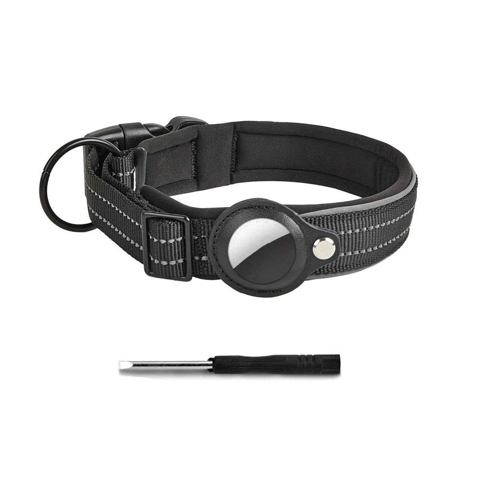 Black reflective dog collar with Airtag holder and small screwdriver included