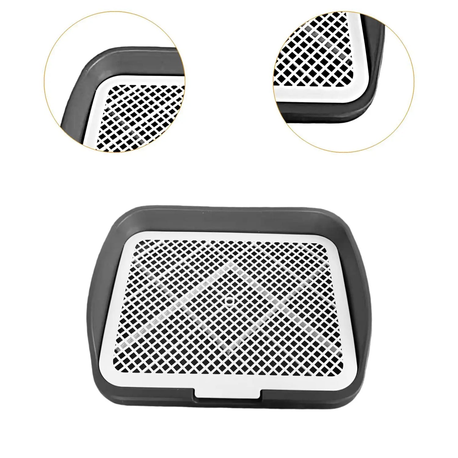 Plastic dog potty training tray with removable mesh grid, shown in close-up on white background.