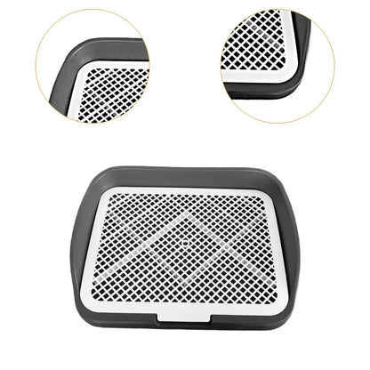 Plastic dog potty training tray with removable mesh grid, shown in close-up on white background.