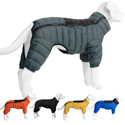 Quilted dog winter jacket with full-body coverage, shown in green, orange, black, yellow, and blue.