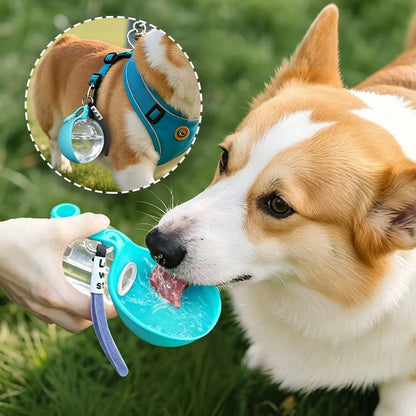 portable dog water bottle with bowl for outdoor walking, hiking, and travel, hydrating a corgi on grass