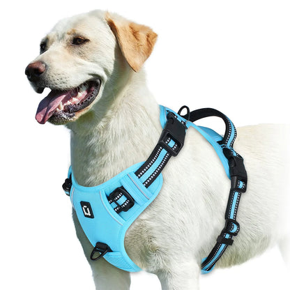 No Pull Dog Harness, Adjustable Soft Padded Pet Vest with Easy Control Handle on a happy Labrador.